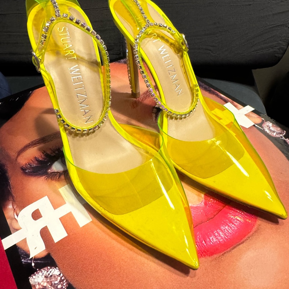 Stuart Weitzman Glam Neon Yellow Crystal Heels - Picture 3 of 9